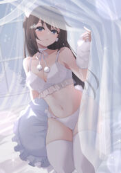 Rule 34 | 1girl, absurdres, alternate costume, animal ears, blue eyes, bra, brown hair, choker, contrapposto, curtains, earrings, fake animal ears, frilled bra, frilled panties, frills, hair ornament, half updo, highres, indoors, jewelry, lingerie, long hair, looking at viewer, love live!, love live! nijigasaki high school idol club, narrow waist, navel, on bed, osaka shizuku, panties, parted lips, pillow, pom pom (clothes), pom pom earrings, pukonuu, ribbon choker, seiza, sitting, skindentation, snowflake hair ornament, solo, thighhighs, underwear, underwear only, white bra, white choker, white panties, white thighhighs, wide hips
