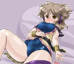 Rule 34 | 1girl, blue one-piece swimsuit, blush, bracelet, breasts, brown eyes, brown hair, commentary request, earmuffs, jewelry, large breasts, lying, on back, one-piece swimsuit, school swimsuit, solo, swimsuit, swimsuit under clothes, touhou, toyosatomimi no miko, winn