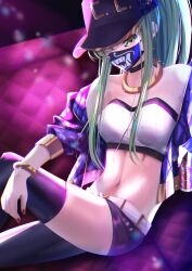 Rule 34 | 1girl, absurdres, akali, akali (cosplay), asymmetrical legwear, bare shoulders, baseball cap, belt, black choker, budgiepon, c.c., can, character name, choker, code geass, cosplay, couch, crop top, cropped jacket, glint, gold, gold bracelet, green hair, hat, highres, holding, holding can, jacket, jewelry, k/da (league of legends), k/da akali, league of legends, long hair, looking at viewer, mask, mouth mask, navel, neck ring, off shoulder, paint can, ponytail, print mask, purple jacket, purple nails, sidelocks, single thighhigh, sitting, solo, stomach, thighhighs, white belt