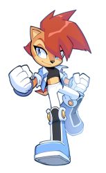 Rule 34 | 1girl, alternate costume, alternate hairstyle, blue eyes, blue jacket, boots, brown fur, clenched hands, drawloverlala, eyelashes, full body, gloves, highres, jacket, midriff, pants, red hair, sally acorn, short hair, smile, solo, sonic (series), tail, transparent background, white gloves, white pants