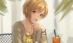 Rule 34 | 1girl, aiba yumi, blonde hair, blurry, blush, bracelet, brown eyes, chair, collarbone, cup, depth of field, drinking glass, drinking straw, earrings, fingernails, floral print, flower, flower earrings, flower necklace, glass, green jacket, hand up, head on hand, head rest, head tilt, highres, ice, ice cube, idolmaster, idolmaster cinderella girls, jacket, jewelry, juice, kouzuki kei, leaf, long sleeves, looking at viewer, nail polish, necklace, open mouth, orange juice, shirt, short hair, sidelocks, sitting, smile, solo, yellow flower, yellow nails, yellow shirt