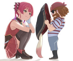 Rule 34 | 1boy, 1girl, arrow (projectile), arrow through heart, bare shoulders, beard, bicorne, black footwear, black leotard, boots, brown eyes, brown hair, brown thighhighs, closed mouth, eyepatch, facial hair, gloves, grey pants, hat, hat ribbon, heterochromia, high heels, highres, holding, holding clothes, holding hat, hololive, houshou marine, icehotmilktea, leotard, leotard under clothes, mustache, pants, pirate hat, pleated skirt, red eyes, red hair, red shirt, red skirt, ribbon, shirt, shoes, short sleeves, skirt, sleeveless, sleeveless shirt, smile, squatting, striped clothes, striped shirt, thighhighs, twintails, unworn hat, unworn headwear, virtual youtuber, white background, white gloves