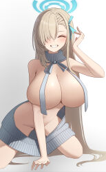 Rule 34 | 1girl, absurdres, asuna (blue archive), backwards virgin killer sweater, bare shoulders, blue archive, breasts, clenched teeth, closed eyes, grin, hair over one eye, halo, highres, huge breasts, large breasts, long hair, looking at viewer, meme attire, mole, mole on breast, navel, pla0658, smile, solo, teeth, virgin killer sweater