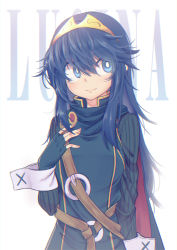 Rule 34 | 1girl, absurdres, backlighting, blue bodysuit, blue cape, blue dress, blue eyes, blue hair, bodysuit, bodysuit under clothes, breasts, cape, character name, closed mouth, commentary, dress, english commentary, fire emblem, fire emblem awakening, hair between eyes, hand on own chest, highres, huge filesize, long hair, looking to the side, lucina (fire emblem), nintendo, o-ring, ribbed bodysuit, simple background, small breasts, smile, solo, strap, tiara, togin, white background, wrist cuffs