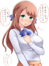 Rule 34 | 1girl, blush, bow, breasts, brown hair, clenched hand, commentary request, green eyes, hair bow, hand on own chest, large breasts, long hair, long sleeves, looking at viewer, neit ni sei, open mouth, original, pleated skirt, shirt, sidelocks, skirt, solo, tearing up, translation request, upper body, white background, white shirt