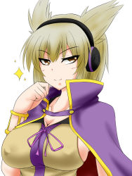 Rule 34 | 1girl, blonde hair, bracelet, breasts, brown eyes, cape, cleavage, earmuffs, covered erect nipples, female focus, finger to mouth, jewelry, large breasts, looking at viewer, naughty face, no bra, parmiria, pointy hair, sideboob, smirk, solo, sparkle, touhou, toyosatomimi no miko