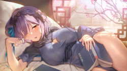 Rule 34 | 1girl, artist request, bed, black hairband, blue dress, blue ribbon, blush, book, branch, breasts, cleavage cutout, clothing cutout, commentary request, dress, flower, hairband, hand on own cheek, hand on own face, highres, holding, holding book, indoors, large breasts, looking away, lying, masterwork apocalypse, moeran (masterwork apocalypse), on side, one eye closed, orange eyes, parted lips, pillow, plum blossoms, purple hair, ribbon, second-party source, short hair, side slit, solo, sunlight, teeth, thighs, tree, turtleneck, turtleneck dress, upper teeth only
