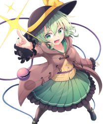 Rule 34 | 1girl, :3, arm up, black footwear, black hat, black pantyhose, bow, brown coat, coat, fang, frilled skirt, frilled sleeves, frills, green eyes, green skirt, hair between eyes, hat, hat bow, index finger raised, komeiji koishi, legs apart, long hair, long sleeves, nogisaka kushio, open clothes, open coat, open mouth, pantyhose, pleated skirt, pointing, shirt, shoes, simple background, skirt, solo, sparkle, standing, third eye, touhou, white background, yellow bow, yellow shirt