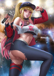 Rule 34 | 1girl, alexander dinh, artist name, ass, barbell piercing, black choker, blonde hair, blunt bangs, blurry, blurry background, breasts, censored, choker, colored tips, commentary, cosplay, crop top, ear piercing, earrings, gradient hair, grin, gyaru, halterneck, hat, highres, holding, holding microphone, hololive, hololive english, hoop earrings, industrial piercing, jacket, jewelry, kitagawa marin, lace, lace choker, large breasts, leg up, long hair, looking at viewer, medium breasts, microphone, mori calliope, mori calliope (cosplay), mori calliope (streetwear), mosaic censoring, multicolored hair, nail polish, navel, navel piercing, no panties, off shoulder, open clothes, open jacket, paid reward available, patreon username, pendant, piercing, pink hair, pink lips, pink nails, pussy, pussy juice, red eyes, skindentation, skull and crossbones, smile, solo, sono bisque doll wa koi wo suru, stage, stage lights, tank top, teeth, thick lips, thighs, torn clothes, torn legwear, virtual youtuber