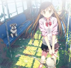 Rule 34 | 1girl, bow, bowtie, brown eyes, brown hair, dog, flower, half updo, kantoku, long hair, looking at viewer, overgrown, parted lips, perspective, plaid, plaid skirt, plant, pleated skirt, school uniform, skirt, sleeves rolled up, solo, train, train interior, vest, vines, watering can