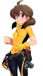 Rule 34 | 1girl, ahoge, arms (game), bodysuit, brown hair, clothes writing, cowboy shot, from side, gloves, hair between eyes, highres, looking at viewer, mechanica (arms), nekobayashi (nekoforest), parted bangs, purple eyes, short hair, simple background, skin tight, solo, standing, white background
