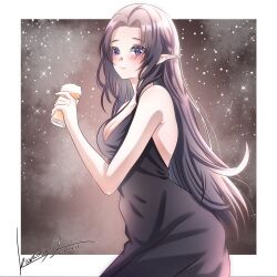 Rule 34 | 1girl, backless dress, backless outfit, bare arms, bare shoulders, black dress, black hair, blush, border, breasts, cleavage, cowboy shot, cup, dated, dress, drink, elf, evening gown, from side, gamma (kage no jitsuryokusha ni naritakute!), highres, holding, holding cup, holding drink, kage no jitsuryokusha ni naritakute!, kawausonokairi, light smile, long hair, looking at viewer, medium breasts, night, night sky, pointy ears, purple eyes, signature, sky, sleeveless, sleeveless dress, solo, standing, star (sky), starry sky, very long hair, white border