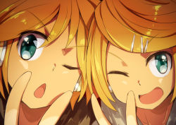Rule 34 | 1boy, 1girl, ;&lt;, ;o, aqua eyes, blonde hair, brother and sister, chestnut mouth, close-up, hair ornament, hairclip, kagamine len, kagamine rin, one eye closed, open mouth, short hair, siblings, sketch, tomato (lsj44867), twins, v, vocaloid