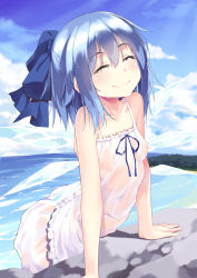 Rule 34 | 1girl, aoi (buzhuen444), arched back, bare arms, bloomers, blue hair, blue ribbon, blue sky, breasts, camisole, cirno, closed eyes, closed mouth, cloud, cloudy sky, day, hair ribbon, highres, ice, ice wings, outdoors, ribbon, see-through, short hair, sky, small breasts, smile, solo, touhou, underwear, water, wet, wet clothes, wet hair, wings