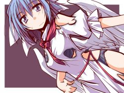 Rule 34 | 1girl, angel wings, black bra, black pants, blue eyes, blue hair, bra, breasts, burnt clothes, dress, frown, hemogurobin a1c, lace, lace-trimmed bra, lace-trimmed panties, lace trim, looking at viewer, mai (touhou), matching hair/eyes, necktie, panties, pants, simple background, solo, sweat, torn clothes, torn dress, touhou, touhou (pc-98), underwear, wings