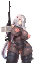 Rule 34 | 1girl, ammunition box, bodysuit, breasts, cowboy shot, crotch cutout, curvy, female pubic hair, girls&#039; frontline, grey hair, gun, hair ornament, half-closed eyes, highres, huge breasts, long hair, looking at viewer, navel, nipple cutout, nipples, parted lips, pk (girls&#039; frontline), pubic hair, pussy, red eyes, revealing clothes, scarf, shiny clothes, shiny skin, skin tight, skindentation, solo, standing, thighhighs, uncensored, very long hair, weapon, white background, wide hips, yui.h