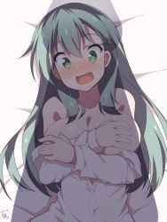 Rule 34 | 10s, 1girl, bare shoulders, blush, breasts, covering privates, covering breasts, dated, green hair, hair ornament, hairclip, heart, heart-shaped pupils, highres, hoppege, kantai collection, large breasts, long hair, looking at viewer, lying, off shoulder, on back, open mouth, partially undressed, shadow, signature, solo, suzuya (kancolle), sweatdrop, symbol-shaped pupils