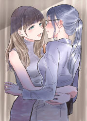 Rule 34 | 2girls, absurdres, aqua eyes, bare arms, black hair, blush, brown hair, collared shirt, commentary request, ear blush, eye contact, glasses, grey eyes, grey shirt, grey skirt, hands on another&#039;s waist, highres, hug, long hair, looking at another, multiple girls, open mouth, original, parted lips, ponytail, purple shirt, purple skirt, shirt, skirt, sleeveless, sleeveless shirt, smile, upper body, yuri, yuri kyanon