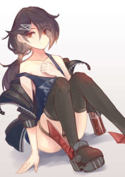Rule 34 | 1girl, azur lane, black hair, black jacket, black thighhighs, blue shirt, breasts, brown eyes, cassin (azur lane), cassin (retrofit) (azur lane), closed mouth, clothes pull, collarbone, hair ornament, hairclip, hand on breast, hand on floor, highres, jacket, jacket pull, long hair, looking at viewer, mole, mole under eye, on floor, open clothes, open jacket, ponytail, sea nami, shirt, small breasts, solo, thighhighs, white background