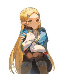 Rule 34 | 1girl, blue shirt, boots, braid, brown footwear, brown gloves, brown pants, closed mouth, crown braid, fingerless gloves, gloves, green eyes, hair ornament, hairclip, hand up, highres, long hair, long sleeves, nintendo, pants, princess zelda, shirt, simple background, smile, solo, the legend of zelda, the legend of zelda: breath of the wild, white background, wufaxianshi cnd