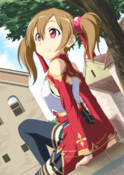 Rule 34 | 10s, 1girl, armor, bare shoulders, black thighhighs, breastplate, brown hair, building, looking up, nori tamago, red eyes, silica, sitting, skirt, smile, solo, sword art online, thighhighs, tree, twintails, window