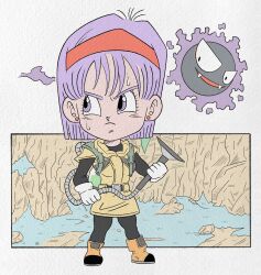Rule 34 | boots, bulma, chibi, closed mouth, creatures (company), dragon ball, dragonball z, earrings, fangs, game freak, gastly, gen 1 pokemon, ghost, hairband, highres, jewelry, nintendo, pokemon, pokemon (creature), purple eyes, purple hair, red hairband, wesatinthecar