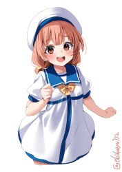 Rule 34 | 1girl, blush, cowboy shot, cropped legs, dress, ebifurya, hat, highres, kaiboukan no. 4 (kancolle), kantai collection, one-hour drawing challenge, open mouth, red eyes, red hair, sailor dress, sailor hat, short hair, short sleeves, simple background, smile, solo, teeth, twitter username, upper teeth only, white background, white dress, white hat
