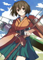 Rule 34 | 10s, 1girl, archery, arrow (projectile), blue sky, blush, bow (weapon), breasts, brown eyes, brown hair, cloud, day, flight deck, gloves, highres, hiryuu (kancolle), japanese clothes, kantai collection, katayama kei, kyuudou, medium breasts, partially fingerless gloves, partly fingerless gloves, personification, quiver, ribbon, short hair, side ponytail, single glove, skirt, sky, smile, solo, weapon, yugake