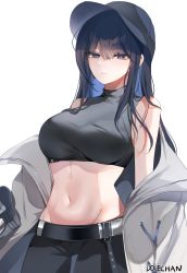 Rule 34 | 1girl, absurdres, artist name, bare shoulders, baseball cap, belt, belt buckle, black belt, black hair, black hat, black pants, black shirt, blue archive, blue eyes, blue hair, breasts, bright pupils, buckle, closed mouth, cowboy shot, crop top, dolechan, expressionless, groin, gun, hat, highres, holding, holding weapon, jacket, large breasts, long hair, looking at viewer, multicolored hair, navel, off shoulder, open clothes, open jacket, pants, saori (blue archive), shirt, simple background, sleeveless, sleeveless shirt, solo, stomach, turtleneck, two-tone hair, weapon, white background, white jacket, white pupils