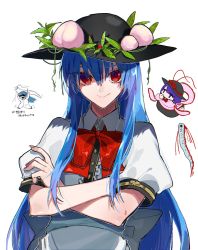 Rule 34 | 2girls, black headwear, blue hair, bow, breasts, capelet, center frills, chibi, chibi inset, commentary request, crossed arms, crying, finger to mouth, fish, food-themed hair ornament, frilled capelet, frilled sleeves, frills, fuuga (perv rsity), hair between eyes, hair ornament, hat, hat ribbon, highres, hinanawi tenshi, long hair, multiple girls, nagae iku, nagae iku (fish), oarfish, peach hair ornament, puffy short sleeves, puffy sleeves, red bow, red eyes, red neckwear, ribbon, shawl, short sleeves, small breasts, smile, snorkel in mouth, touhou, translation request, wet, wet clothes
