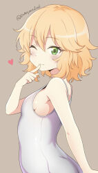 Rule 34 | 1girl, blonde hair, breasts, brown background, commentary request, finger to mouth, green eyes, hair between eyes, hand up, heart, highres, idolmaster, idolmaster cinderella girls, index finger raised, light blush, looking at viewer, medium hair, one-piece swimsuit, one eye closed, sakurai momoka, school swimsuit, sidelocks, small breasts, smile, solo, swimsuit, tamayan, twitter username, wavy hair, white one-piece swimsuit