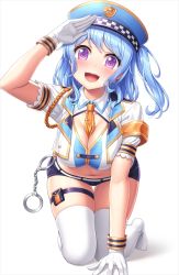 1girl, :d, adapted costume, aiguillette, all fours, armband, bang dream!, bangs, between breasts, black shorts, blue hair, blush, breasts, cleavage, cleavage cutout, clothing cutout, crop top, cropped jacket, cuffs, full body, gloves, handcuffs, hat, hello happy world!, holster, lambda (kusowarota), looking at viewer, matsubara kanon, medium hair, navel, necktie, necktie between breasts, one side up, open mouth, orange neckwear, police, police hat, police uniform, purple eyes, salute, short sleeves, shorts, sidelocks, simple background, skindentation, smile, solo, stomach, swept bangs, thigh holster, thigh pouch, thighhighs, uniform, white background, white gloves, white legwear, wing collar