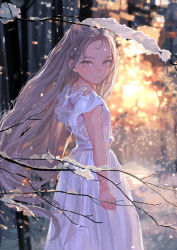Rule 34 | 1girl, animal ears, cat ears, dress, extra ears, feiqizi (fkey), fkey, flat chest, grey hair, highres, long hair, looking at viewer, original, outdoors, pink eyes, sleeveless, sleeveless dress, snow, snowflakes, tree, white dress