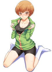 Rule 34 | 1girl, another story, bike shorts, blush, bra, breasts, brown eyes, brown hair, cameltoe, cleavage, collarbone, green jacket, highres, jacket, long legs, looking at viewer, open clothes, open jacket, persona, persona 4, persona 4 the golden, satonaka chie, short hair, simple background, sitting, socks, solo, sports bra, sweat, track jacket, underwear, wariza, white background, white socks