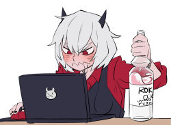 Rule 34 | 1girl, alcohol, black nails, black vest, blush, bottle, breasts, closed mouth, collared shirt, commentary, computer, demon horns, dress shirt, drooling, english commentary, hair between eyes, helltaker, holding, holding bottle, horns, laptop, long sleeves, malina (helltaker), medium breasts, mixed-language commentary, mouse (computer), nail polish, red eyes, red shirt, saliva, shirt, shishima eichi, short hair, silver hair, simple background, solo, table, tsurime, upper body, vest, wavy mouth, white background, wing collar