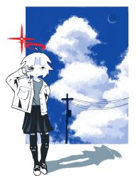 Rule 34 | 1girl, absurdres, ahoge, arm behind back, black footwear, black skirt, black thighhighs, blue sky, border, chewchewer, closed mouth, cloud, cloudy sky, colored skin, crescent moon, curtained hair, detached ahoge, expressionless, grey shirt, halo, highres, jacket, lens flare, looking up, microsoft paint (medium), mob face, moon, nyan (chewchewer), original, pleated skirt, pocket, power lines, print thighhighs, red halo, shadow, shirt, shoes, short hair, skirt, sky, solo, sparkle, thighhighs, v, white border, white jacket, white skin
