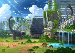 Rule 34 | abandoned, animal, animal request, blue sky, bridge, building, cloud, commentary request, day, dinosaur, highres, moss, no humans, original, outdoors, overgrown, palm tree, post-apocalypse, rainbow, raised bridge, ruins, scenery, sky, tokyogenso, tree, water, waterfall, window