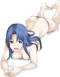 Rule 34 | 1girl, ass, blue eyes, blue hair, bra, breasts, butt crack, downblouse, downpants, elf (stroll in the woods), highres, kawashima ami, long hair, looking at viewer, lying, medium breasts, on stomach, panties, pink bra, pink panties, solo, the pose, toradora!, underwear, underwear only