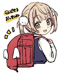 Rule 34 | 1girl, :d, aged down, backpack, bag, blonde hair, blue dress, blunt bangs, blush, commentary, cropped torso, dress, eyelashes, flat color, from side, green eyes, hair ornament, highres, holding strap, indie virtual youtuber, long sleeves, looking at viewer, looking to the side, nobori yuzu, notice lines, official alternate costume, official alternate hairstyle, open mouth, pinafore dress, pom pom (clothes), pom pom hair ornament, randoseru, red bag, shigure ui (vtuber), shigure ui (vtuber) (young), shirt, simple background, sleeveless, sleeveless dress, smile, solo, swept bangs, translation request, turning head, twintails, virtual youtuber, white background, white shirt, winged bag