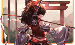 Rule 34 | 1girl, absurdres, arm up, artist name, back, bandages, bare shoulders, belt, border, bow, brown hair, closed mouth, detached sleeves, eyes visible through hair, frills, from behind, gohei, hair between eyes, hair ornament, hair tubes, hakurei reimu, hand on own hip, hand up, highres, long hair, long sleeves, mountain, nature, nontraditional miko, outdoors, outside border, overcast, ponytail, red bow, red eyes, red shirt, red skirt, ribbon, ribbon-trimmed sleeves, ribbon trim, sarashi, shirt, skirt, sky, smile, solo, standing, top-exerou, torii, touhou, tree, white border, wide sleeves