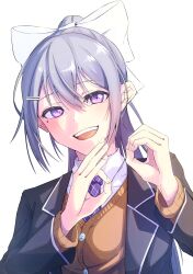 Rule 34 | 1girl, :d, absurdres, blazer, bow, brown cardigan, cardigan, collared shirt, commentary request, doki (oox3o), grey hair, hair between eyes, hair bow, hair ornament, hairclip, highres, higuchi kaede, higuchi kaede (1st costume), jacket, long hair, looking at viewer, mole, mole under eye, necktie, nijisanji, open clothes, open jacket, open mouth, plaid necktie, ponytail, purple eyes, purple necktie, school uniform, shirt, simple background, smile, solo, teeth, upper body, upper teeth only, very long hair, virtual youtuber, white background, white bow, white shirt