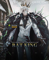 Rule 34 | 1boy, bow, bowtie, cape, crown, eyepatch, formal, fur cape, grimlight, long sleeves, male focus, official art, parted lips, rat king (grimlight), solo, suit, white hair