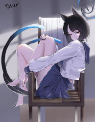 Rule 34 | 1girl, animal ears, armchair, barefoot, black choker, black eyes, black hair, black nails, blue archive, blue skirt, cat ears, cat girl, cat tail, chair, choker, feet, from side, full body, halo, hand on own knee, highres, kikyou (blue archive), long sleeves, looking at viewer, multiple tails, shirt, short hair, sitting, skirt, solo, tail, ticker (kks2ksy), two tails, white shirt