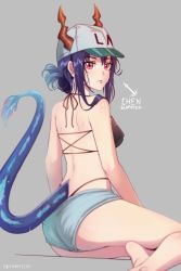 Rule 34 | 1girl, arknights, ass, bare arms, bare shoulders, baseball cap, bikini, black bikini, blue hair, ch&#039;en (arknights), ch'en (arknights), character name, commentary, dragon horns, dragon tail, female tourist c (arknights), folded ponytail, from behind, grey background, grey shorts, hat, highres, horns, looking at viewer, looking back, official alternate costume, red eyes, seraphim throne, short hair, short shorts, shorts, sidelocks, simple background, sitting, solo, swimsuit, tail, thighs