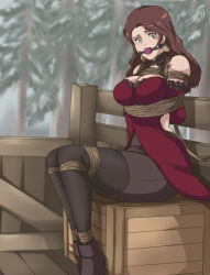 Rule 34 | 1girl, absurdres, ball gag, bare shoulders, bdsm, bondage, bound, breasts, brown hair, cleavage, dorothea arnault, dress, earrings, fire emblem, fire emblem: three houses, gag, gagged, green eyes, highres, intelligent systems, jewelry, large breasts, long hair, looking at viewer, nintendo, red dress, ryner-e, sitting, sleeveless, sleeveless dress, solo