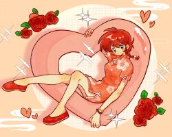 Rule 34 | 1girl, blue eyes, bow, china dress, chinese clothes, danhuangcucu, dress, flower, hair between eyes, hair bow, heart, highres, ranma-chan, ranma 1/2, red dress, red flower, red footwear, red hair, red rose, rose, smile, solo