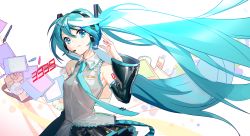 Rule 34 | 1girl, absurdres, bare shoulders, blue eyes, blue hair, blue nails, camera, closed mouth, detached sleeves, digital media player, earbuds, earphones, flower, hair between eyes, hair ornament, hatsune miku, headphones, headset, highres, ipod, long hair, looking at viewer, nail polish, necktie, photo (object), skirt, smile, solo, twintails, very long hair, vocaloid, wind, yyb