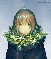 Rule 34 | 1girl, brown hair, closed mouth, coat, commentary, english commentary, green eyes, highres, long hair, looking at viewer, original, plant, sketch, snowing, solo, sprout, sprout on head, upper body, watermark, web address, winter, yuumei