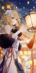 Rule 34 | 1girl, absurdres, ahoge, architecture, bare shoulders, blonde hair, breasts, chinese new year, dated, dress, east asian architecture, floral print, flower, fur shawl, genshin impact, hair flower, hair ornament, highres, lantern, lantern festival, large breasts, lumine (genshin impact), night, outdoors, paper lantern, parted lips, pelvic curtain, print dress, red eyes, red ribbon, ribbon, shawl, short hair, signature, sky lantern, smile, solo, swkl:d, tassel, underbust, white dress, white flower