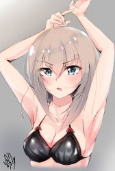Rule 34 | 10s, 1girl, absurdres, arms up, artist name, bad id, bad pixiv id, black bra, blue eyes, blush, bra, breasts, cleavage, commentary request, cropped torso, girls und panzer, grey background, highres, itsumi erika, long hair, looking at viewer, medium breasts, murata ryou, open mouth, pointing, signature, silver hair, solo, standing, underwear, underwear only, upper body